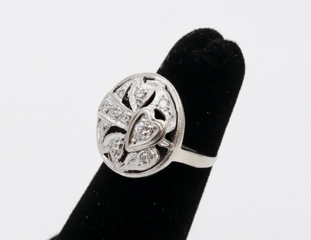 Art Deco Diamonds Hearts 14K White Gold Ring