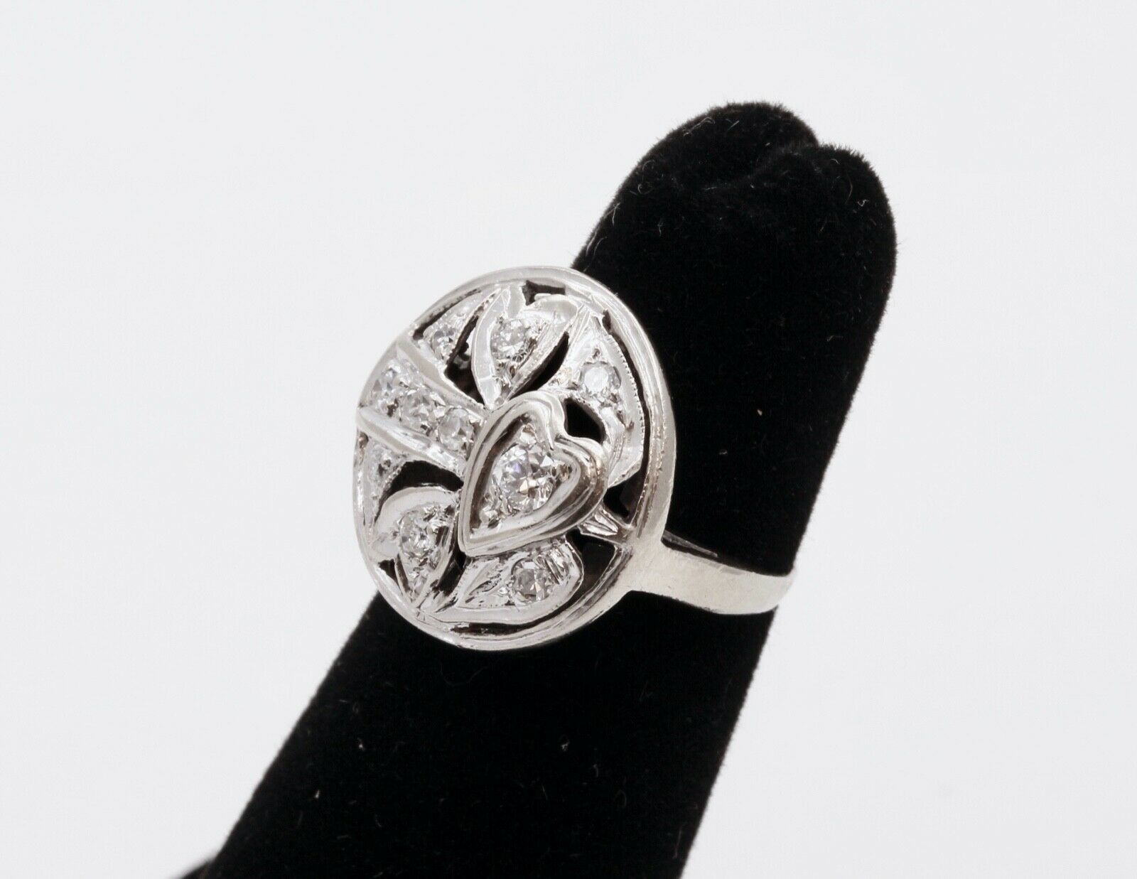 Art Deco Diamonds Hearts 14K White Gold Ring