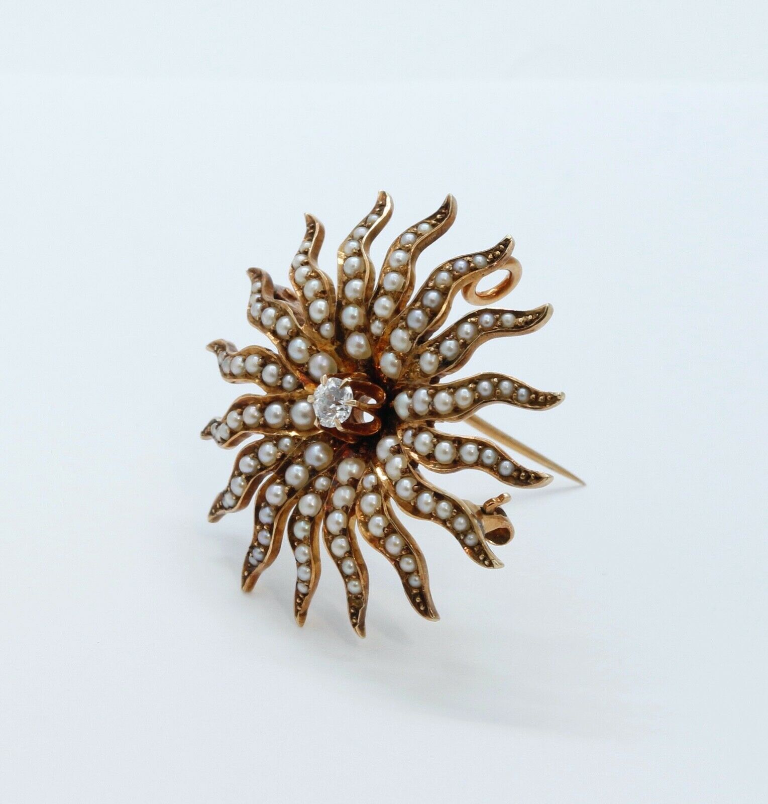 Victorian Shreve and Co Starburst 14K Yellow Gold Diamond Seed Pearls Brooch Pin