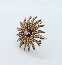 Load image into Gallery viewer, Victorian Shreve and Co Starburst 14K Yellow Gold Diamond Seed Pearls Brooch Pin
