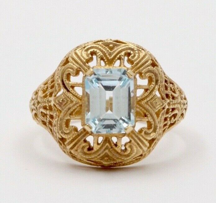 Vintage 10K Yellow Gold Filigree Blue Topaz Ring, Estate, Cocktail Ring