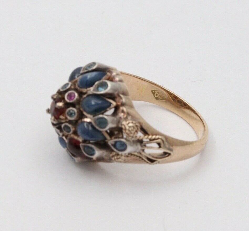 Vintage Multi Color Natural Sapphire, Blue Topaz, Pink Tourmaline and Garnet 14K