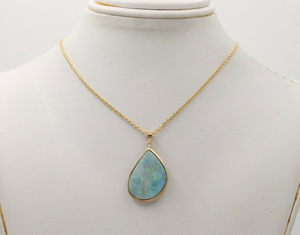 Vintage Drop Shape Boulder Opal 14K Yellow Gold Pendant, Necklace.