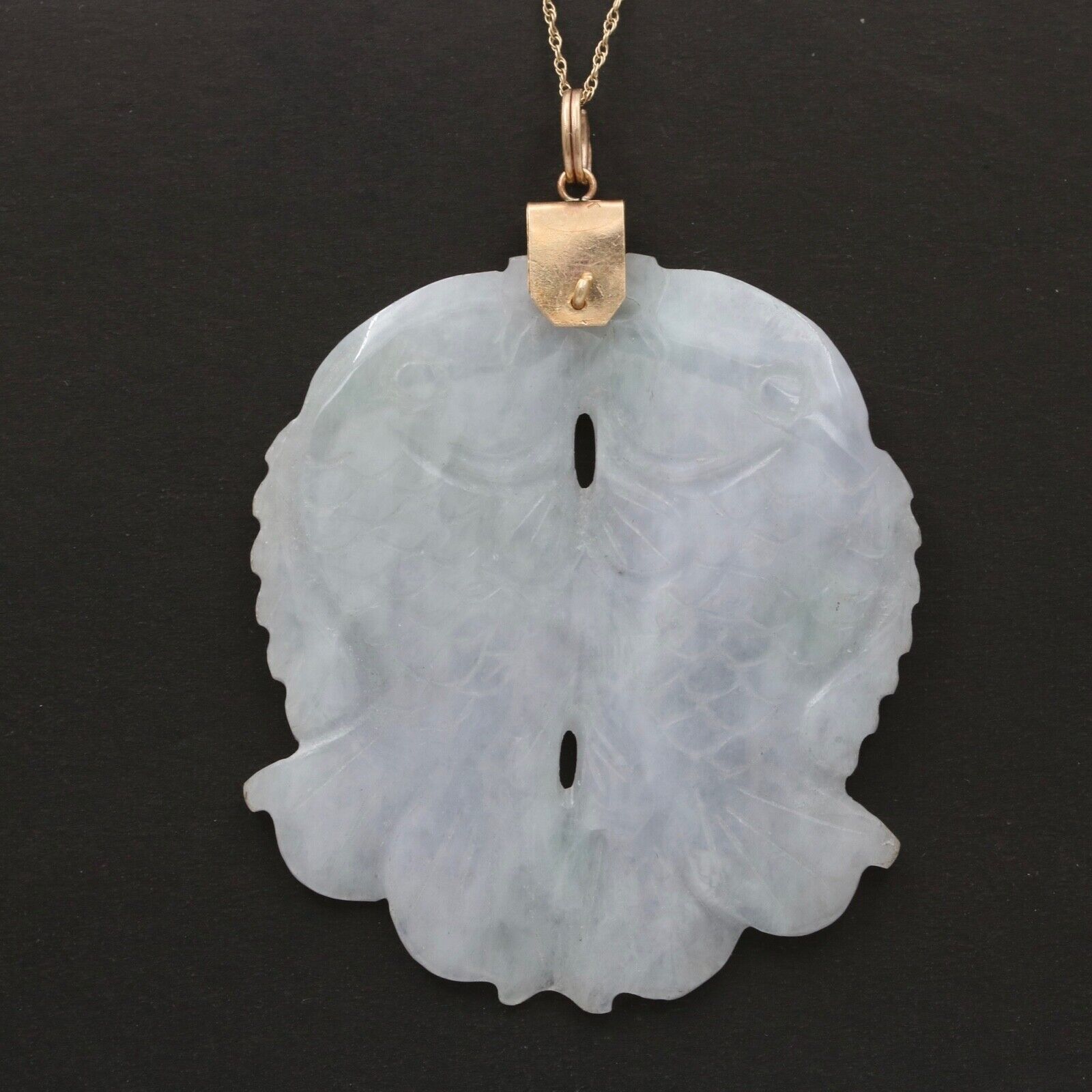Vintage 10K Yellow Gold Jade Two Carps Good Luck Pendant Charm