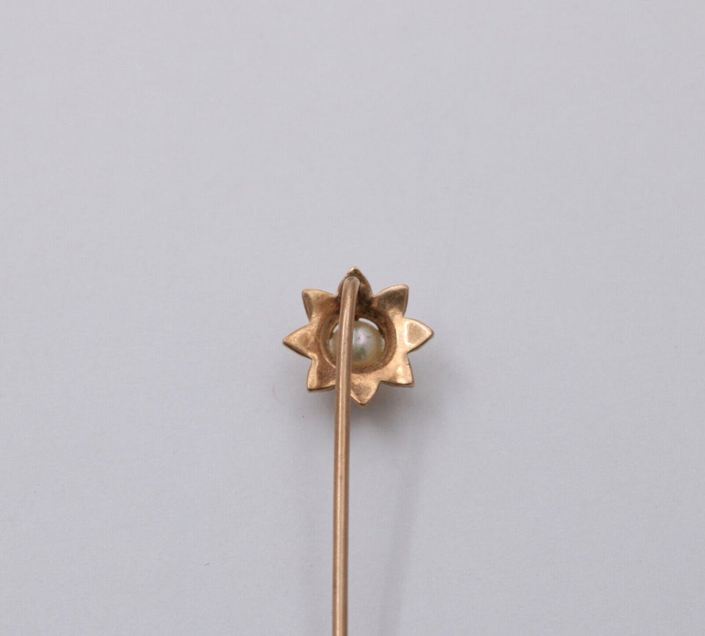 Antique 14K Yellow Gold Pearls Flower Stick Pin