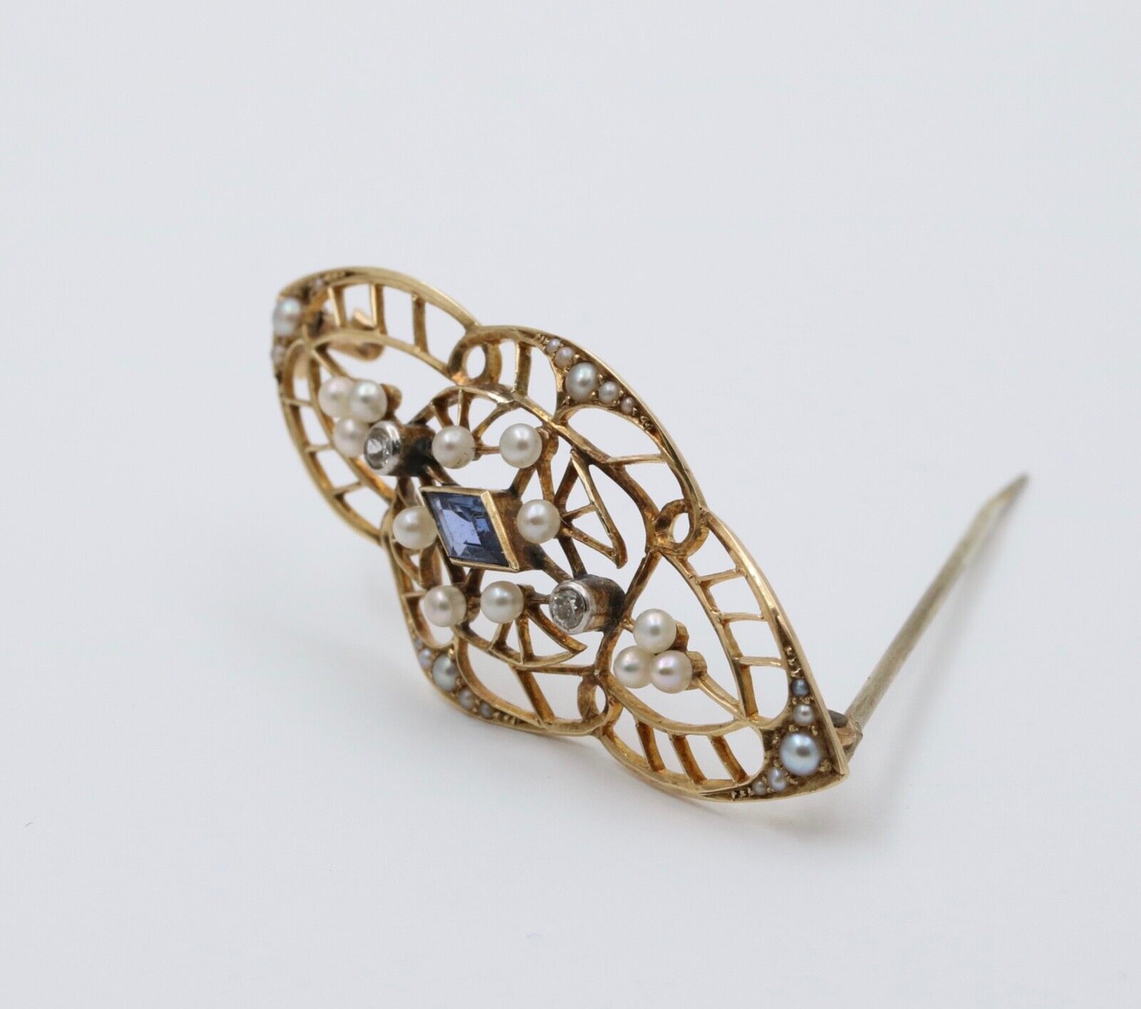 Art Deco Synthetic Sapphire Diamonds Seed Pearls 14K YG Brooch Pin