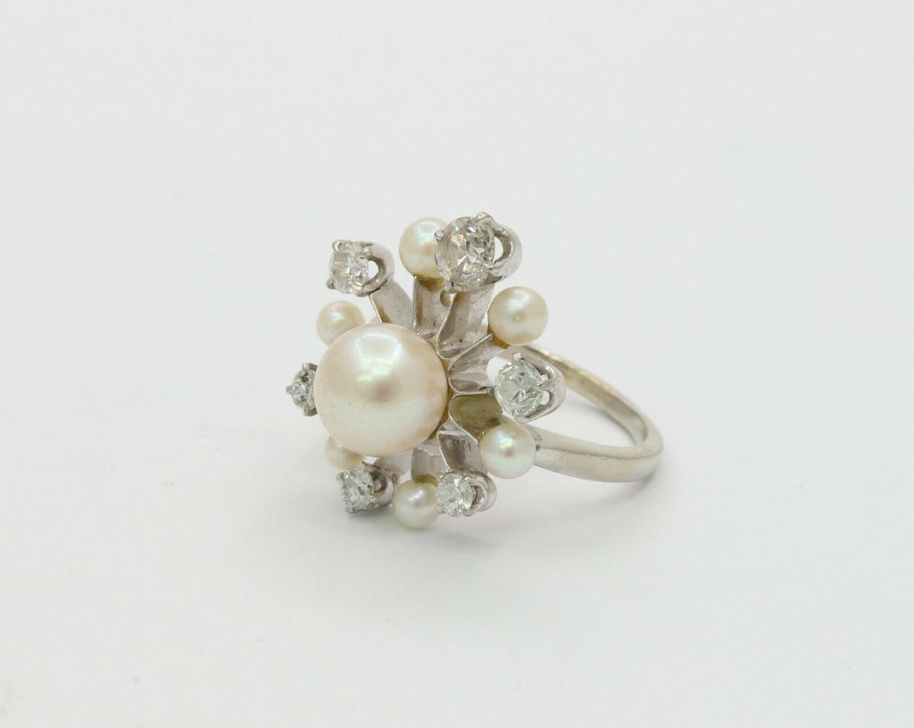 Vintage 14K White Gold Old European Cut Diamond Pearl Ring