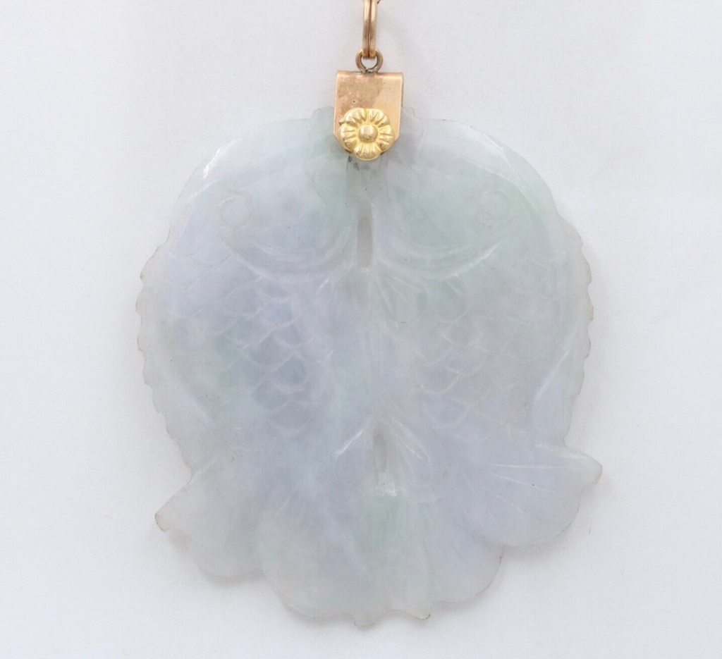 Vintage 10K Yellow Gold Jade Two Carps Good Luck Pendant Charm
