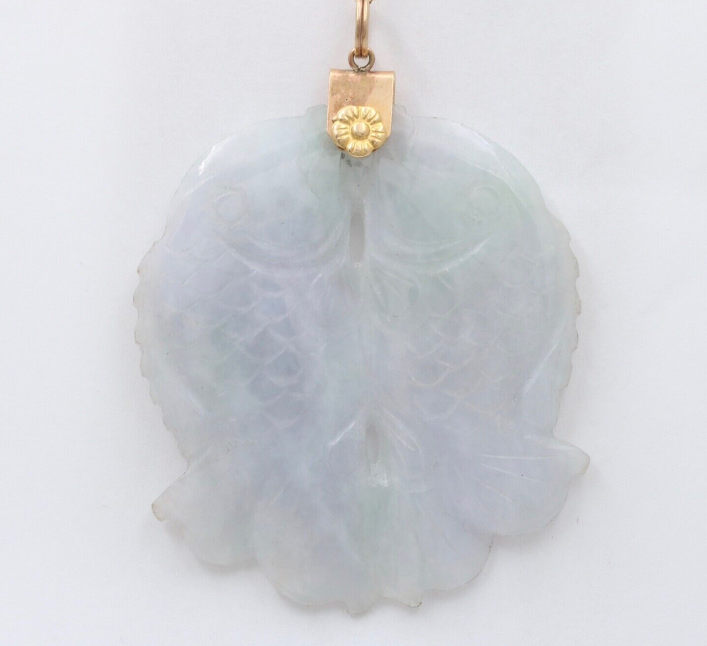 Vintage 10K Yellow Gold Jade Two Carps Good Luck Pendant Charm