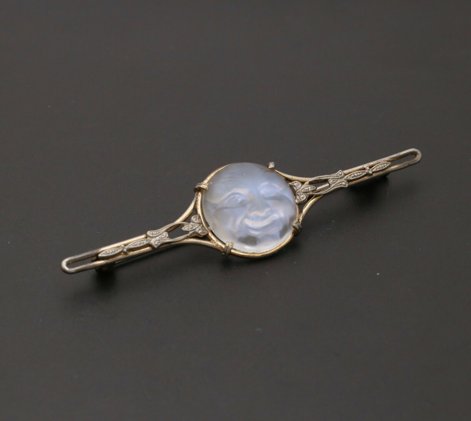 Vintage Man In The Moon Art Glass GF Brooch Pin