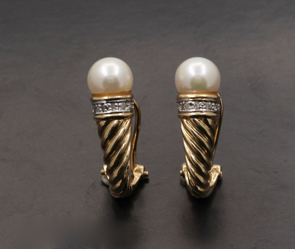 Vintage Shrimp Style Pearl Diamonds 14K Yellow White Gold Earrings