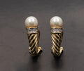 Vintage Shrimp Style Pearl Diamonds 14K Yellow White Gold Earrings