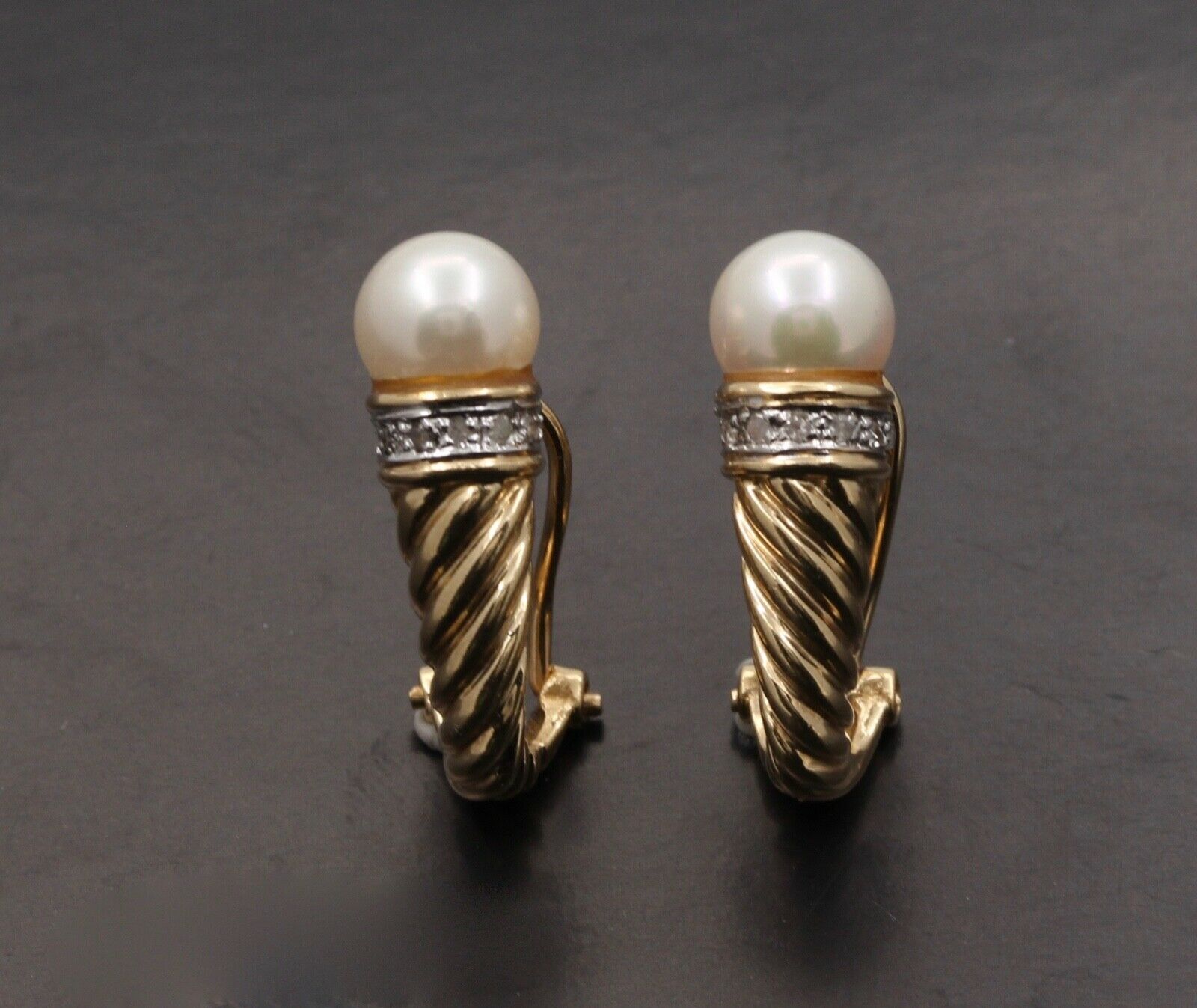 Vintage Shrimp Style Pearl Diamonds 14K Yellow White Gold Earrings