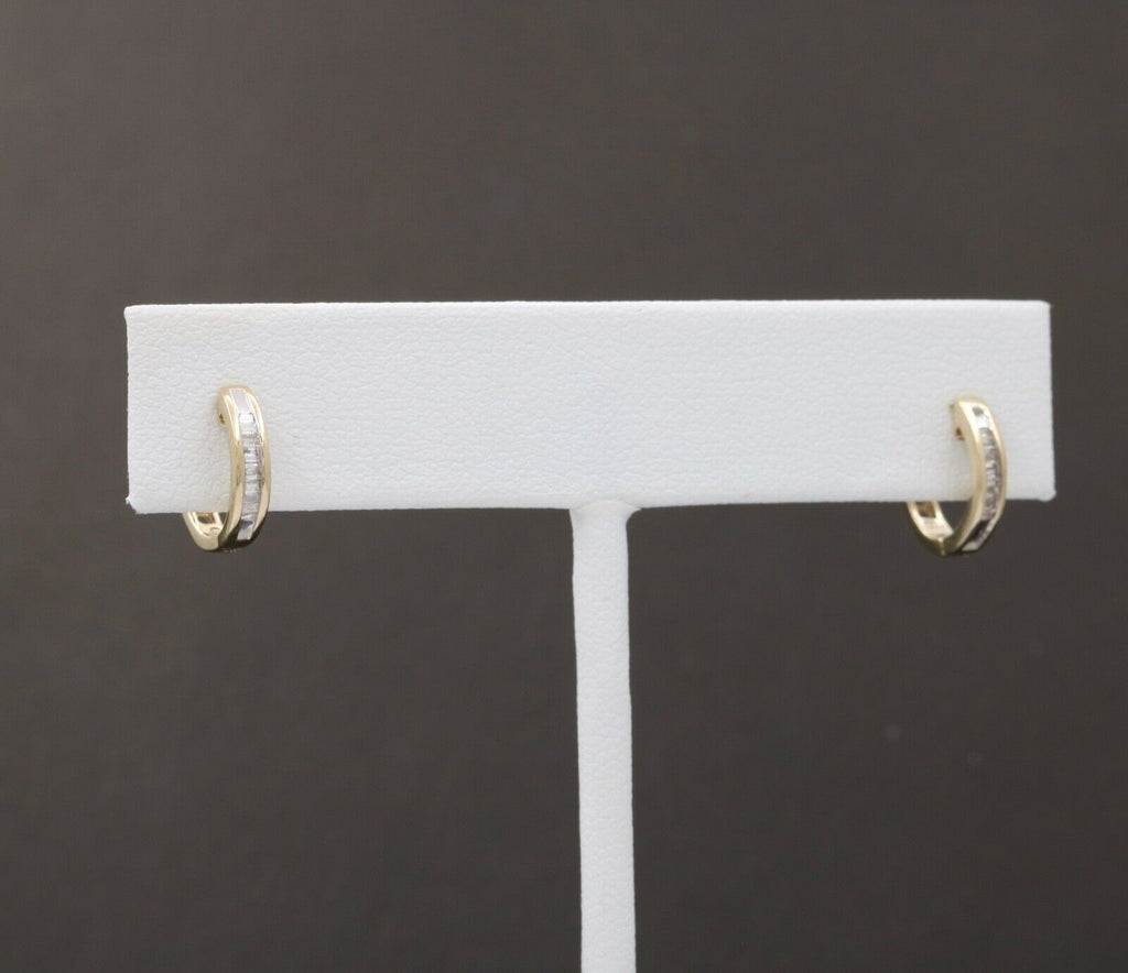 Cute Vintage Huggie Baguette Diamonds 10K Yellow White Gold Earrings