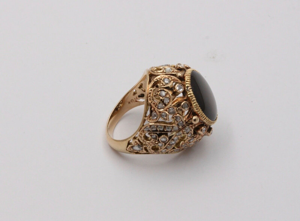 Vintage Black Star Sapphire Rose Cut Diamonds 18K Yellow Gold Ring