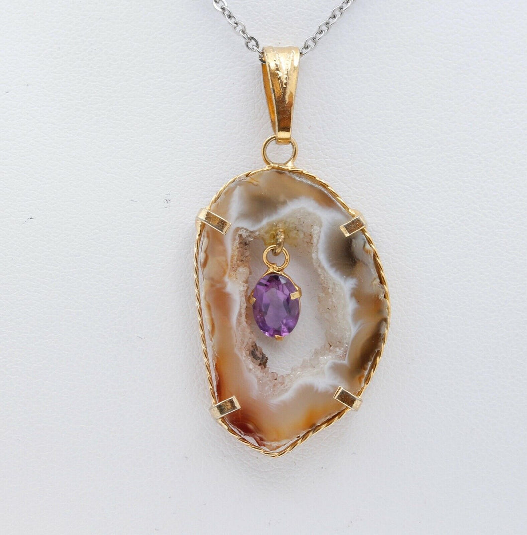 Agate and Amethyst 10K Yellow Gold Vintage Pendant