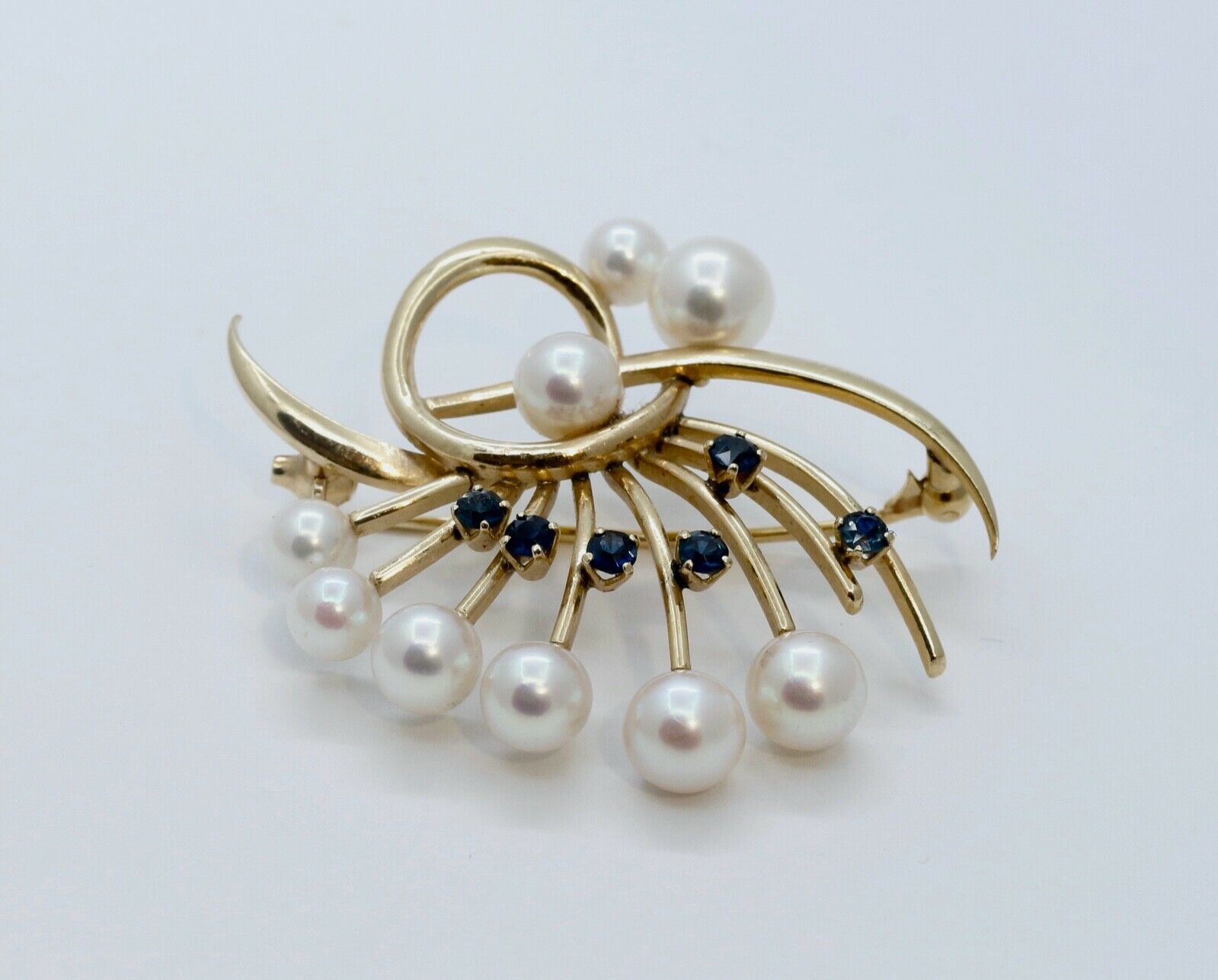 Mikimoto 14K Yellow Gold Sapphires Pearls Brooch Pin