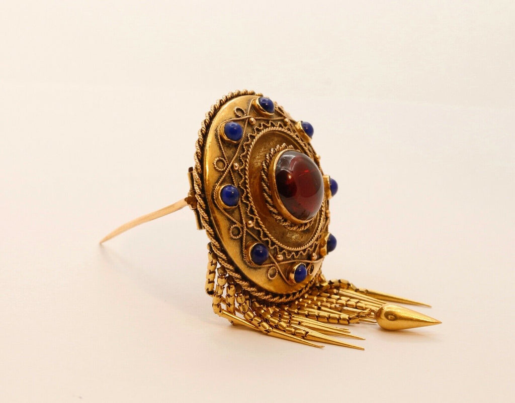 Victorian Memorial Garnet Lapis Lazuli 14K Yellow Gold Brooch Pin