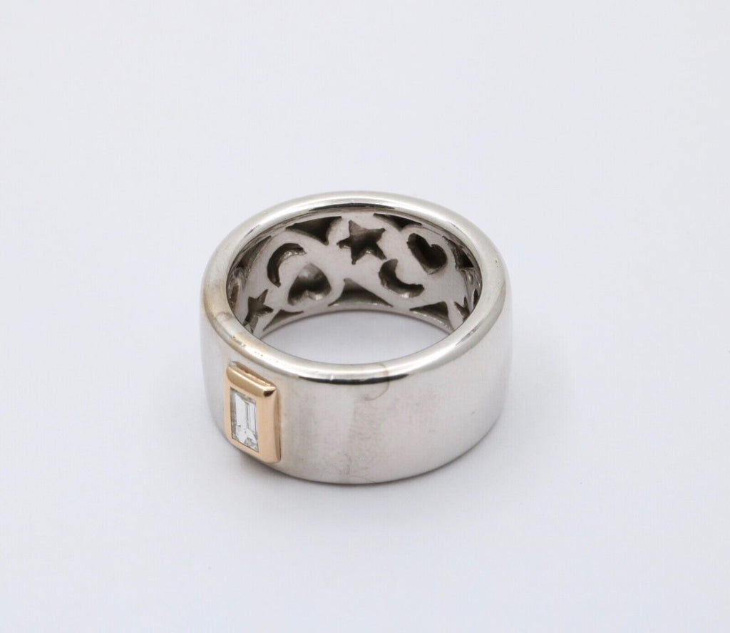 Funky 18K Gold Step Cut Baguette Diamond Wide Cigar Band, Stacking Ring.