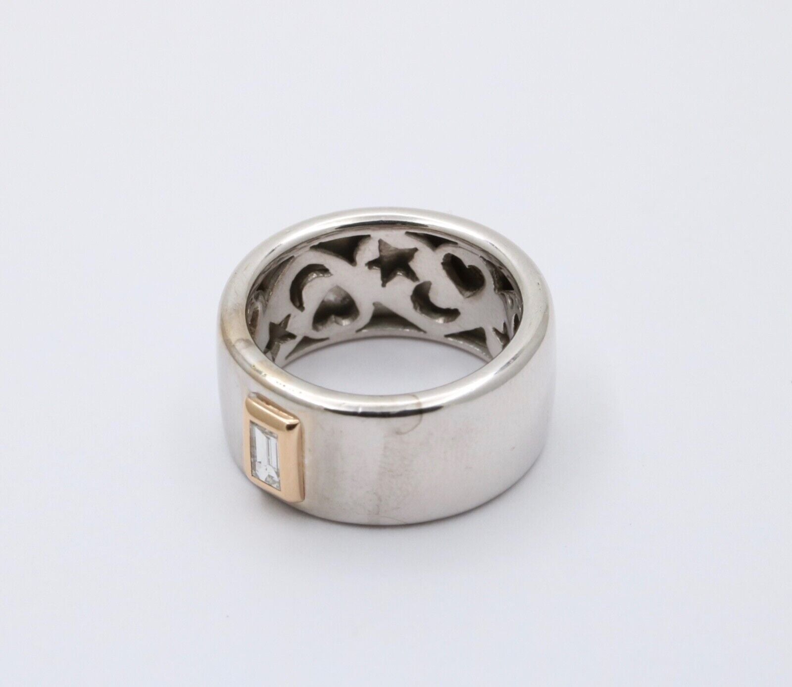 Funky 18K Gold Step Cut Baguette Diamond Wide Cigar Band, Stacking Ring.