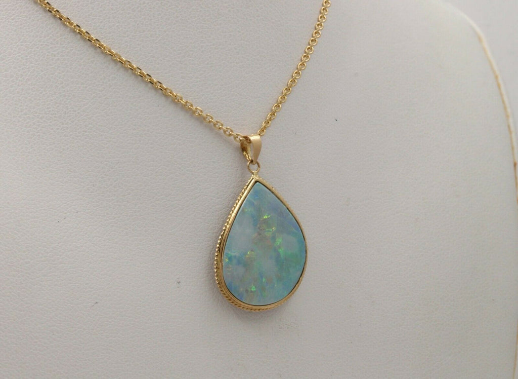 Vintage Drop Shape Boulder Opal 14K Yellow Gold Pendant, Necklace.
