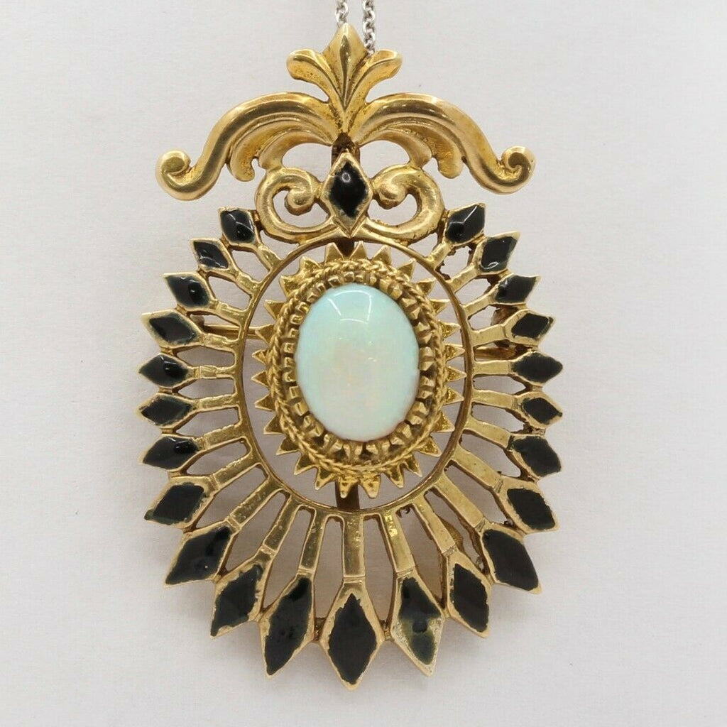 Vintage 14K Yellow Gold Opal Enamel Pendant Brooch
