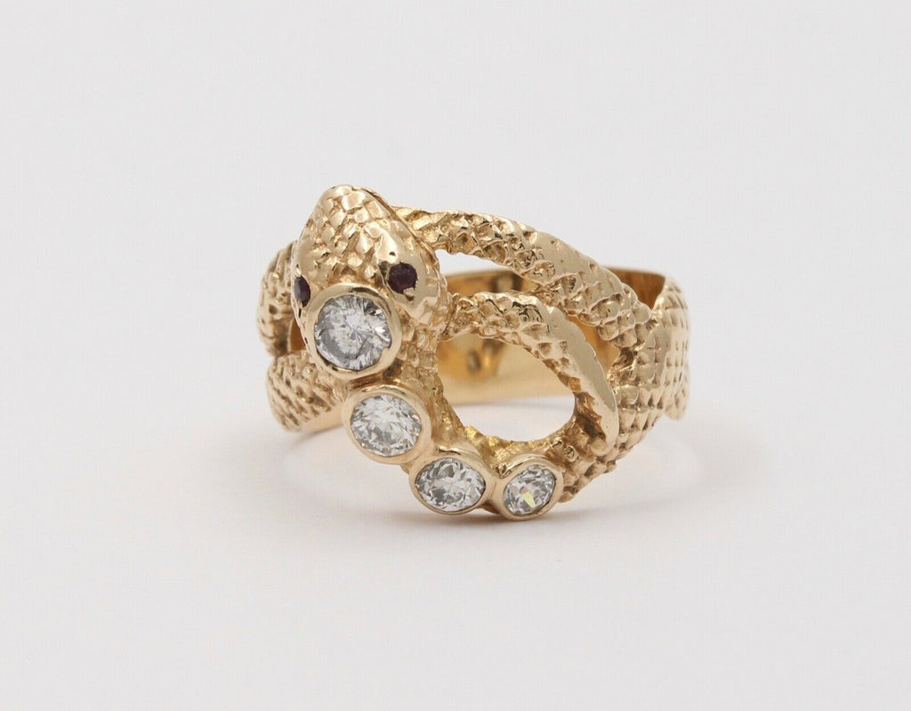 Vintage Snake Diamond Rubies 14K Yellow Gold Ring