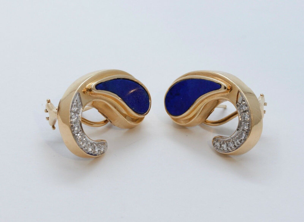 Vintage Lapis Lazuli Diamonds 14K Yellow Gold Earrings