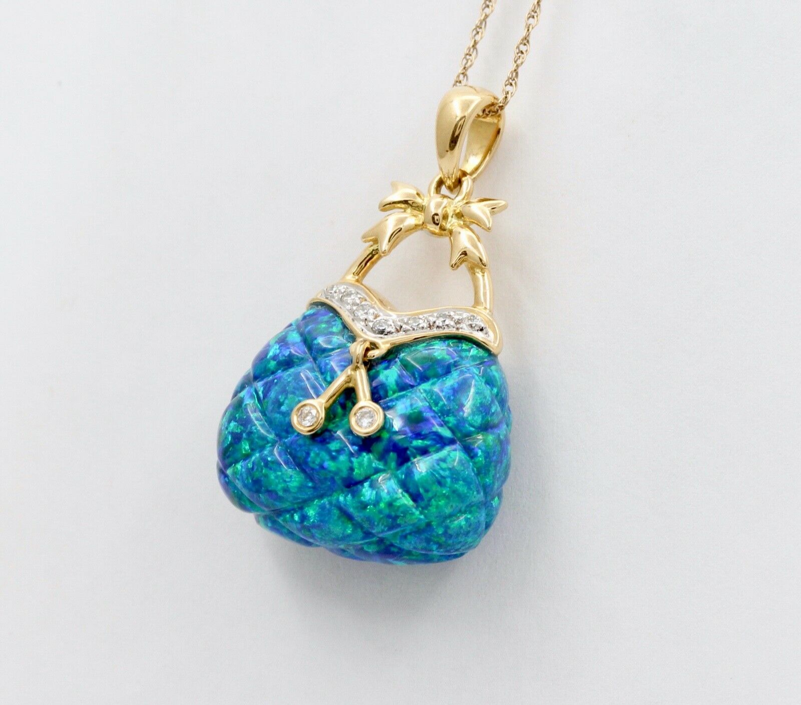 Cute Vintage 14K Synthetic Opal Diamond Purse Pendant
