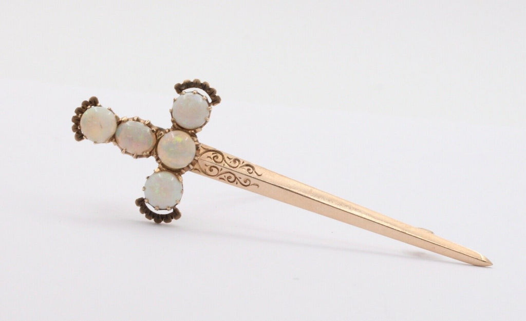 Victorian Edwardian Opals 14K Yellow Gold Broadsword Brooch Pin