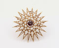 Victorian Starburst 14K Yellow Gold Garnet Seed Pearls Pendant Brooch Pin