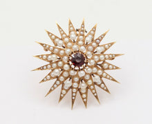 Load image into Gallery viewer, Victorian Starburst 14K Yellow Gold Garnet Seed Pearls Pendant Brooch Pin
