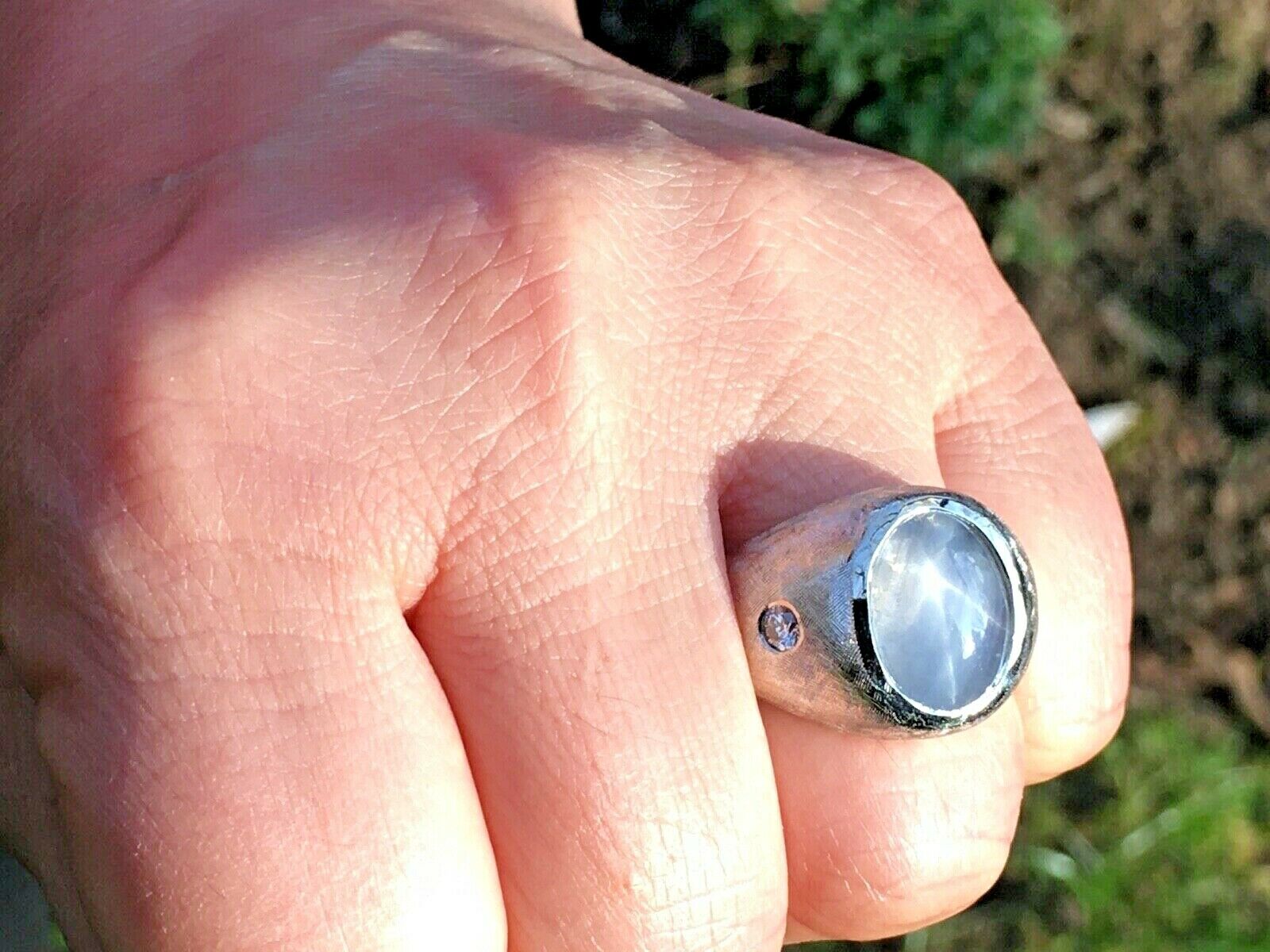 Mens Vintage Blue Grey Star Sapphire Diamonds 14K White Gold Ring