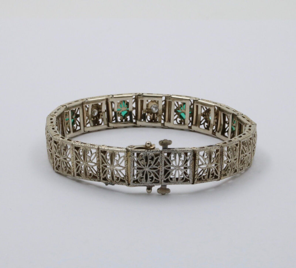 Art Deco Flower Filagree Diamonds Emeralds 14K White Gold Bracelet