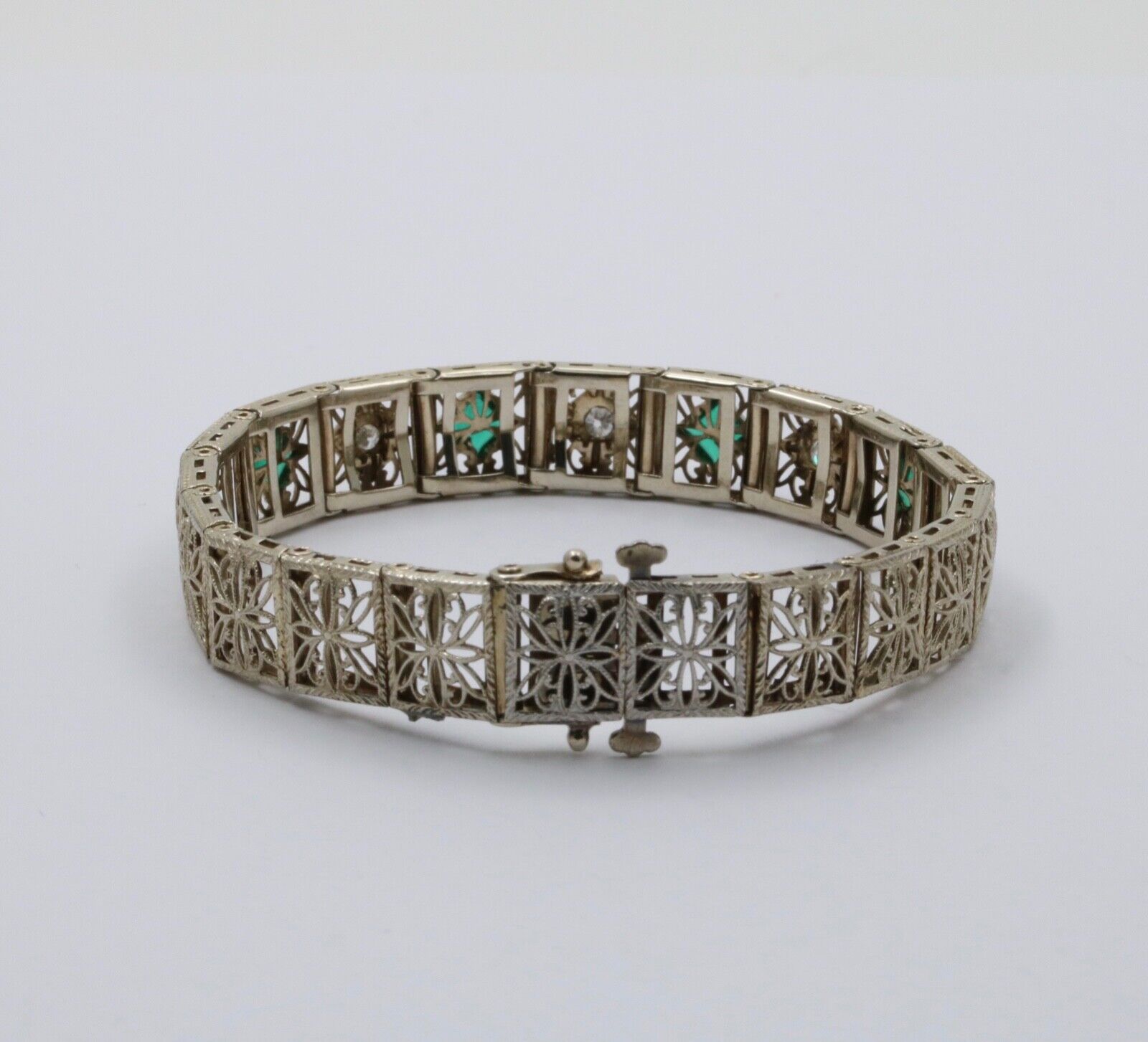 Art Deco Flower Filagree Diamonds Emeralds 14K White Gold Bracelet
