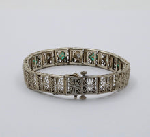 Load image into Gallery viewer, Art Deco Flower Filagree Diamonds Emeralds 14K White Gold Bracelet
