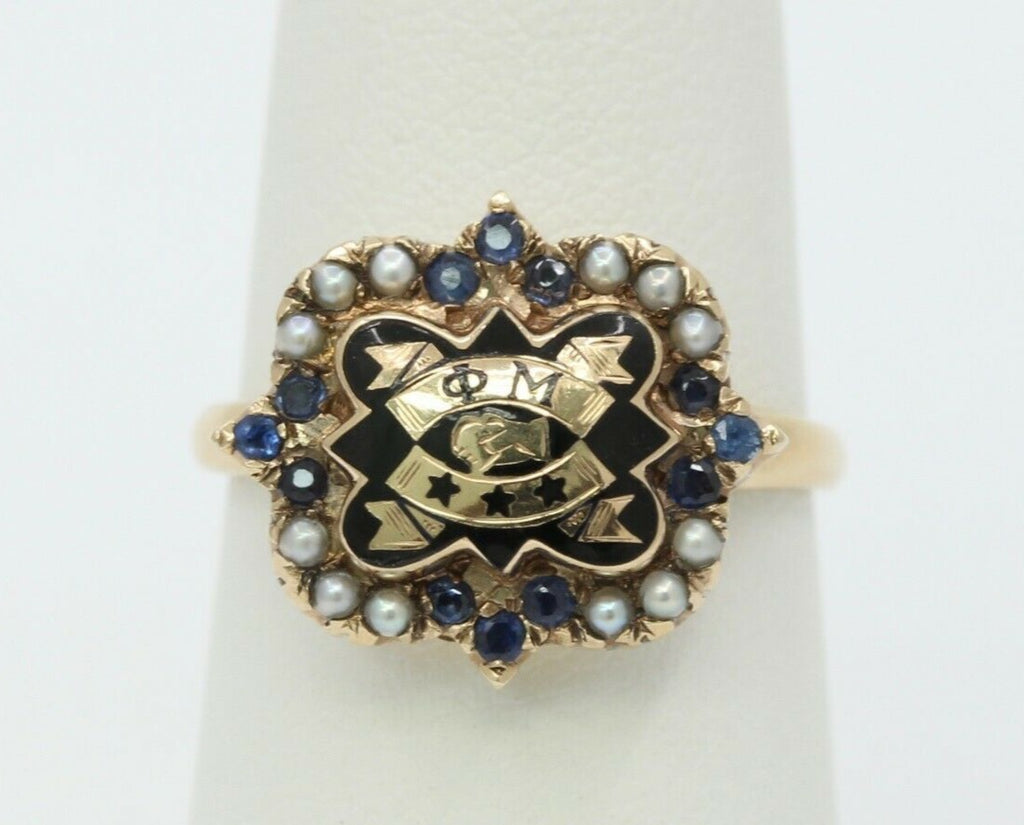 Vintage 14K Yellow Gold Phi Mu Badge Sorority Sapphire Seed Pearl Ring