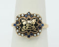 Vintage 14K Yellow Gold Phi Mu Badge Sorority Sapphire Seed Pearl Ring