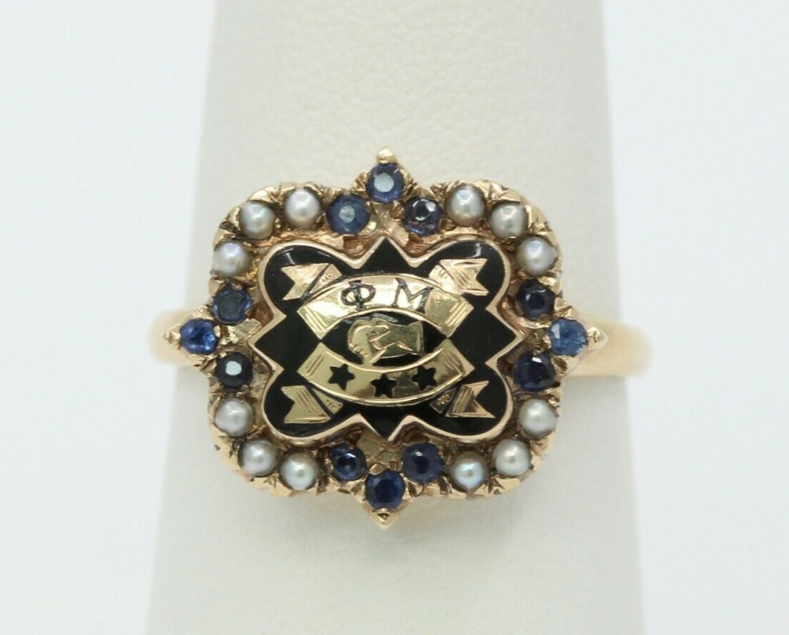 Vintage 14K Yellow Gold Phi Mu Badge Sorority Sapphire Seed Pearl Ring