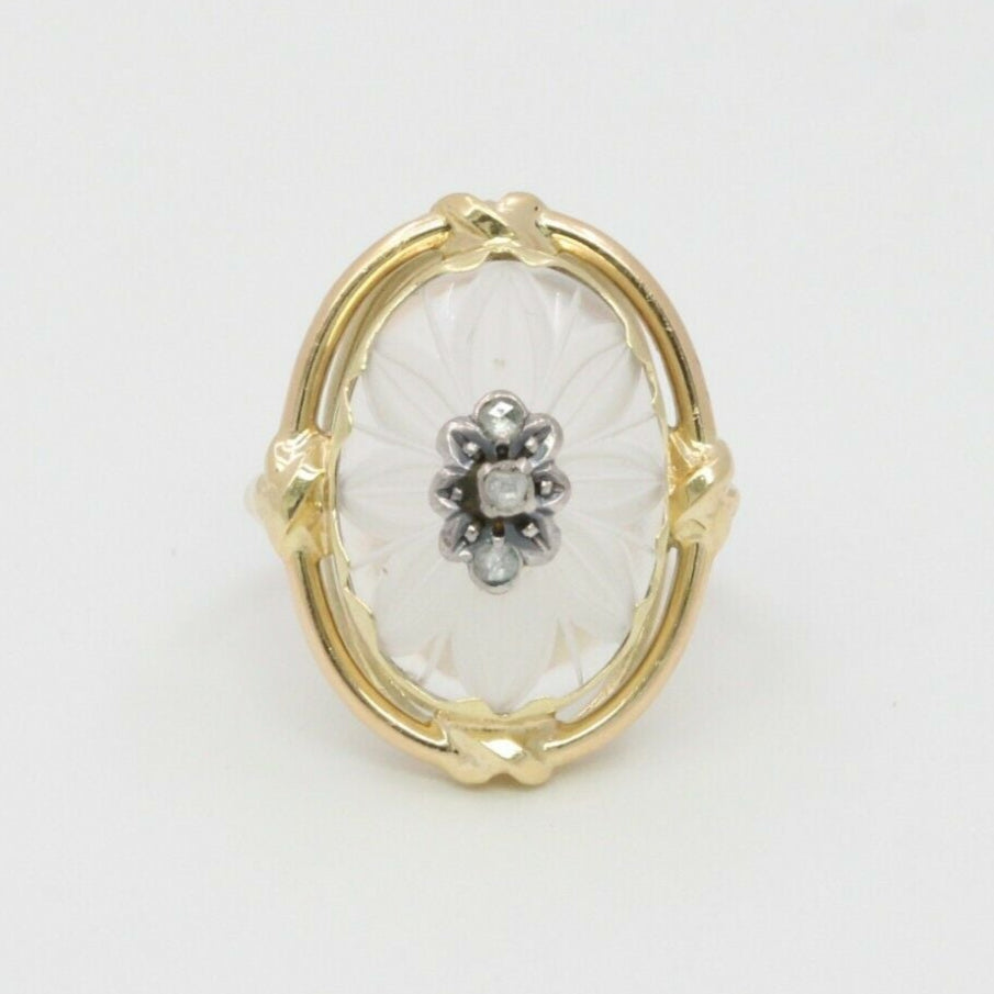 Vintage 14K Yellow Gold Floral Diamond Carved Rock Crystal Ring