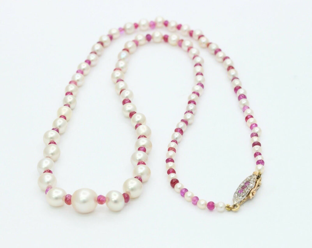 GIA Natural Pearls Rubies 18K White Yellow Gold Necklace