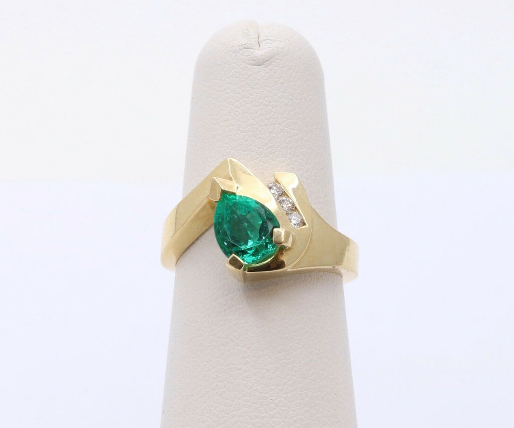 Vintage Modernist Emerald Diamonds 14K Yellow Gold Bypass Ring