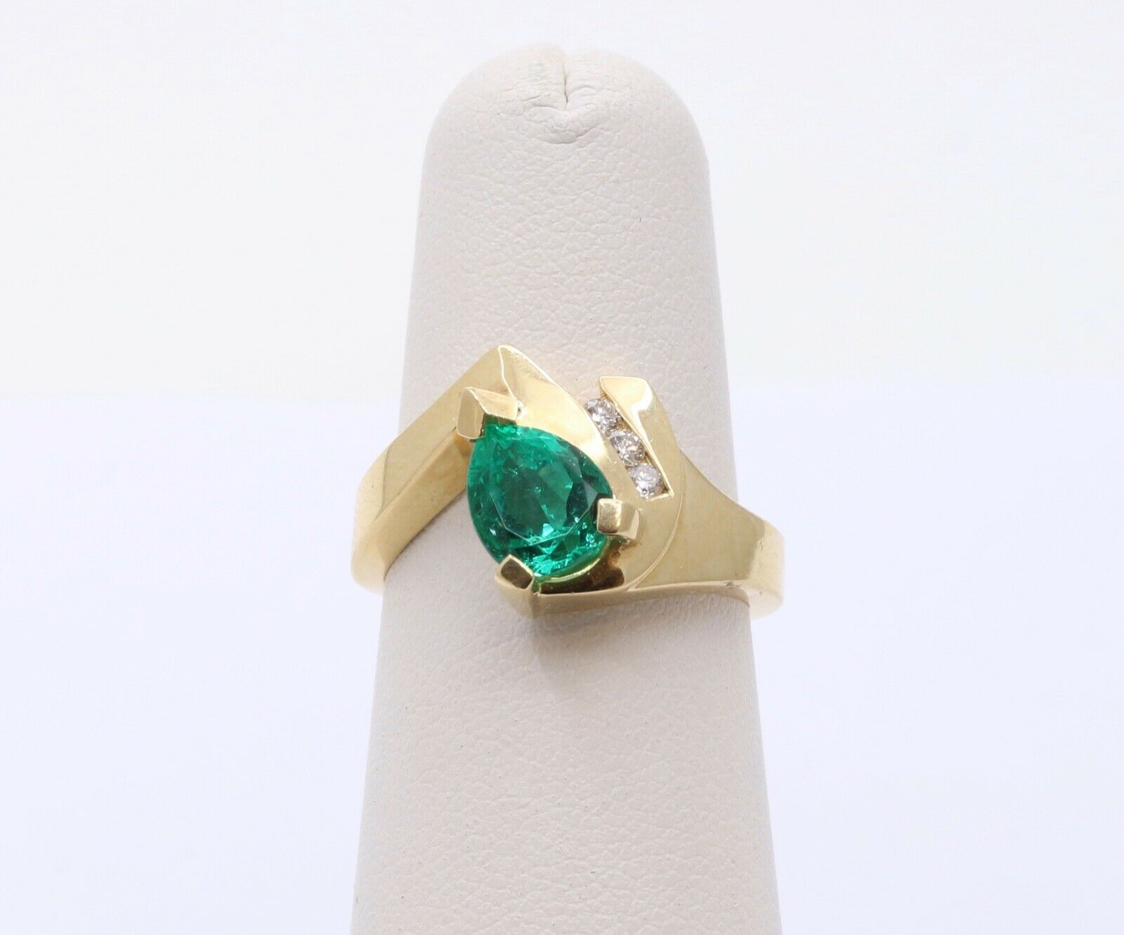 Vintage Modernist Emerald Diamonds 14K Yellow Gold Bypass Ring