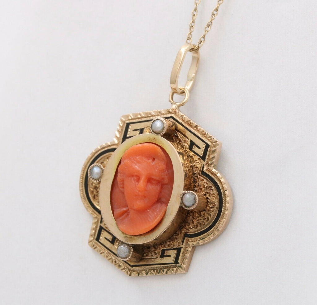Victorian Coral Portrait Seed Pearls Enamel 14K Yellow Gold Pendant
