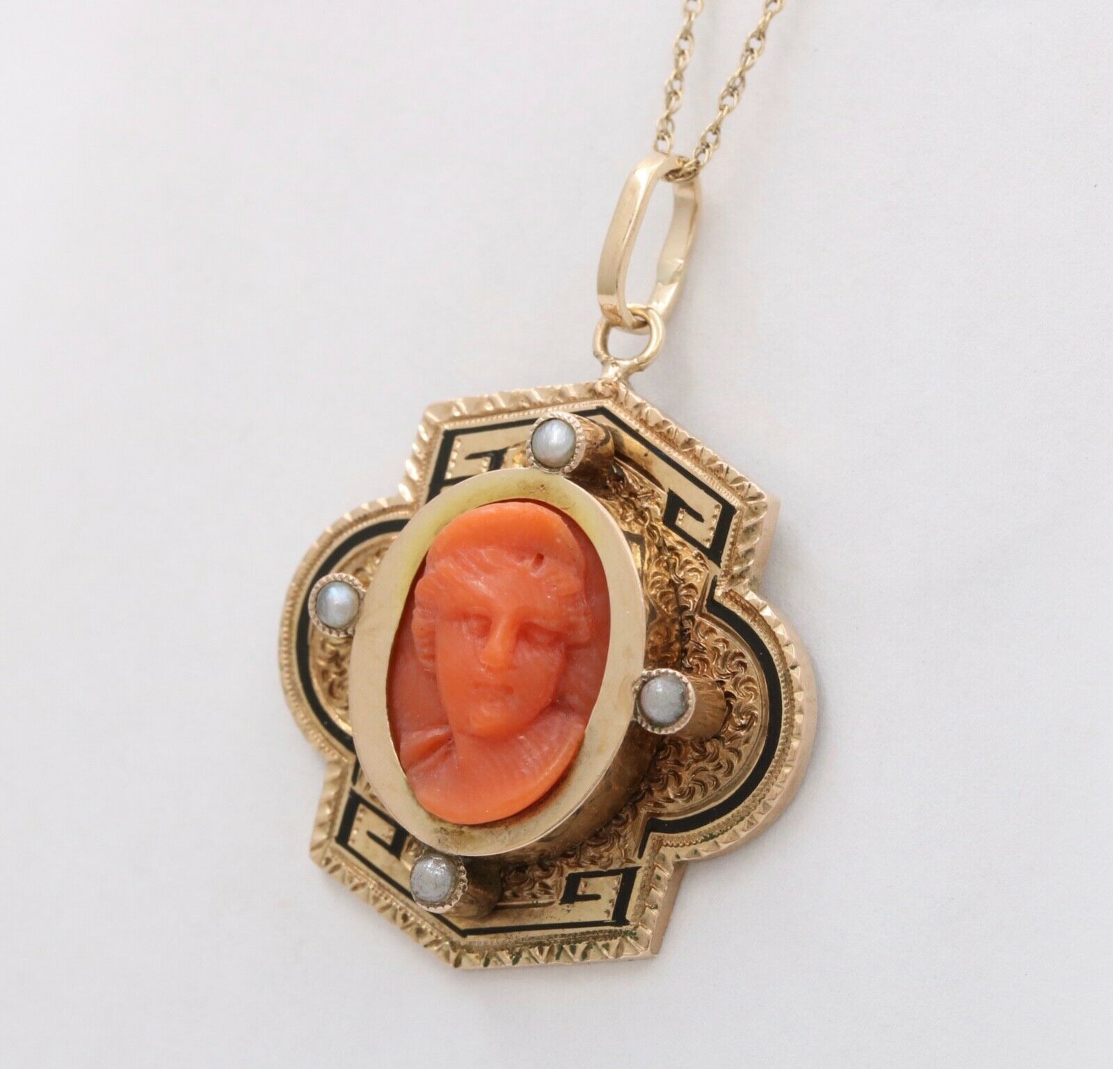 Victorian Coral Portrait Seed Pearls Enamel 14K Yellow Gold Pendant
