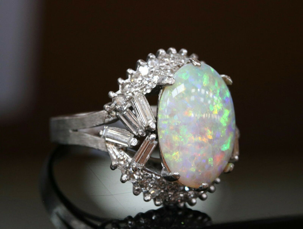 Vintage 1960's Australian Opal and Diamond 14K White Gold Statement Ring