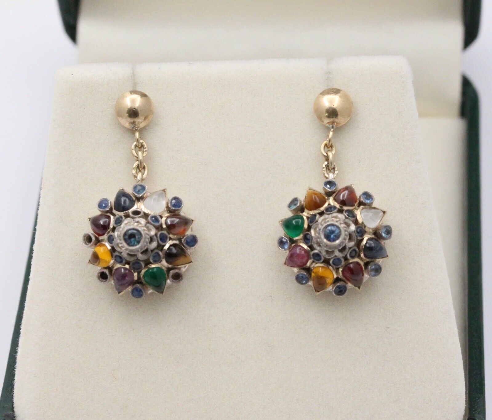 Vintage 14K Yellow Gold Multi- Color Gems Dangling Earrings