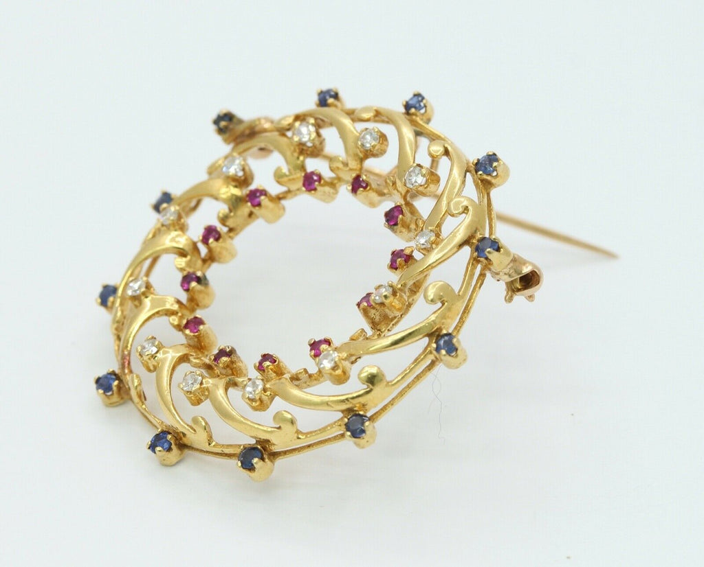 Wreath Brooch Pendant 18K Yellow Gold Diamonds Rubies Sapphires