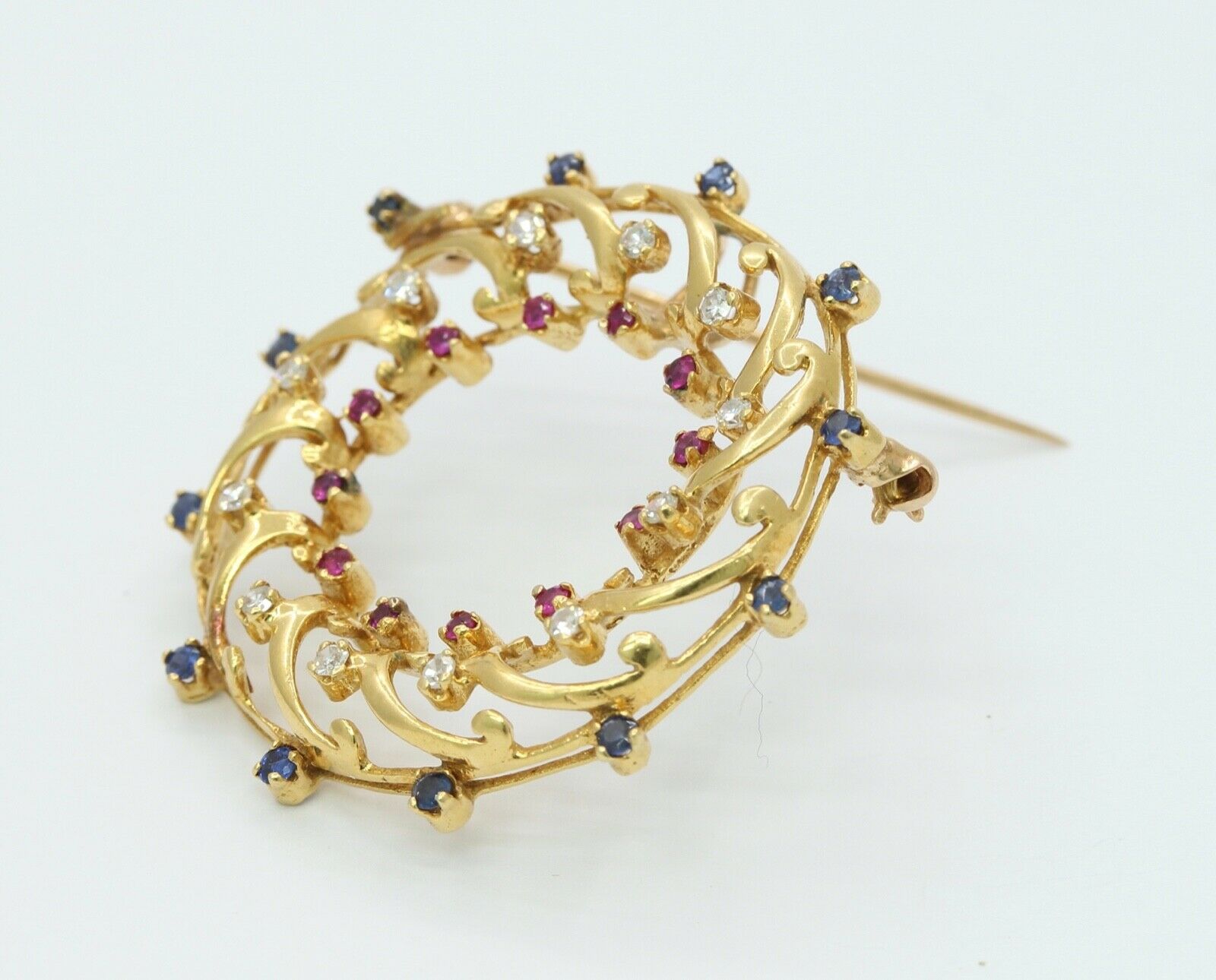 Wreath Brooch Pendant 18K Yellow Gold Diamonds Rubies Sapphires