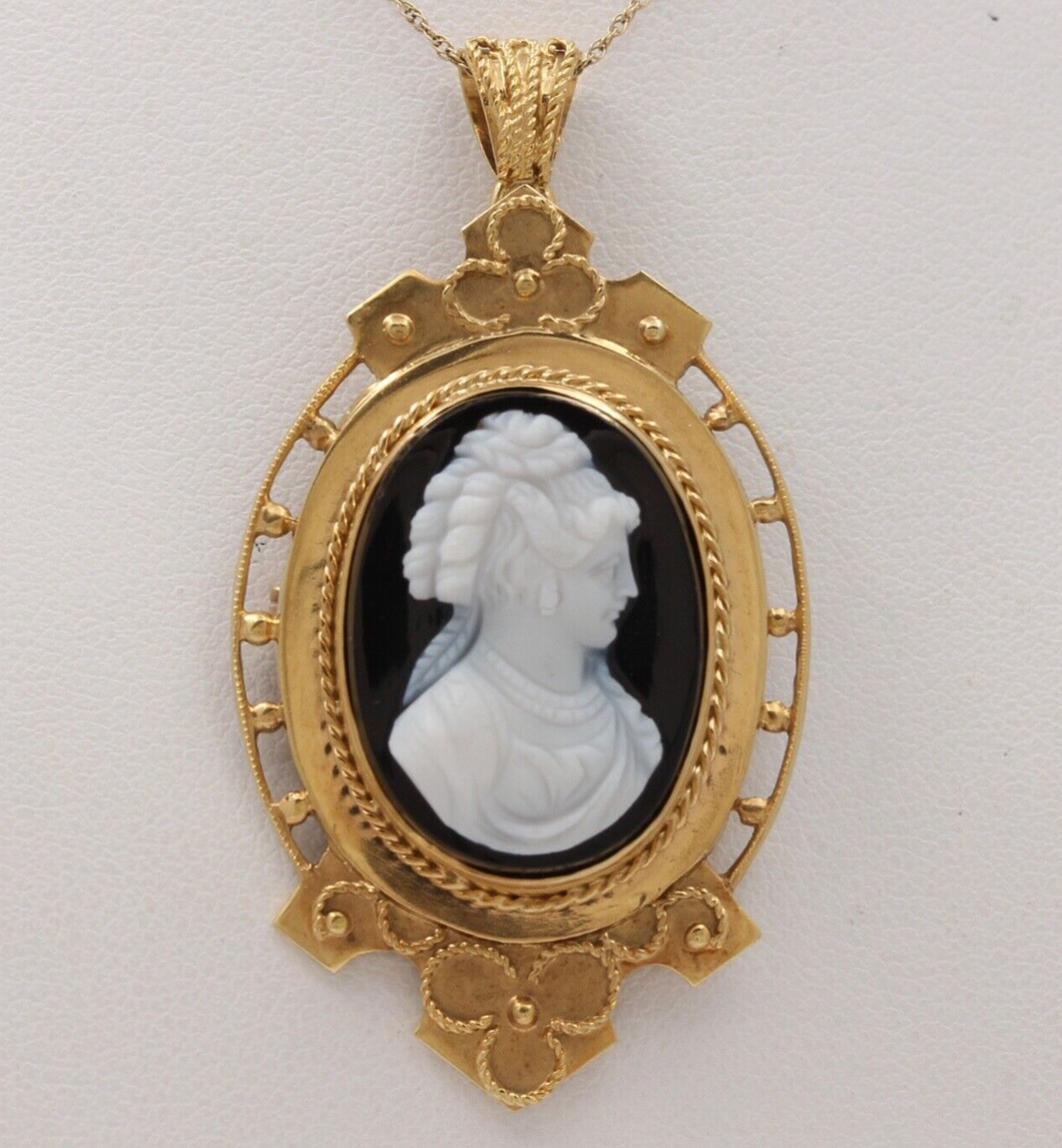 Antique 10K Yellow Gold Onyx Cameo Pendant Brooch